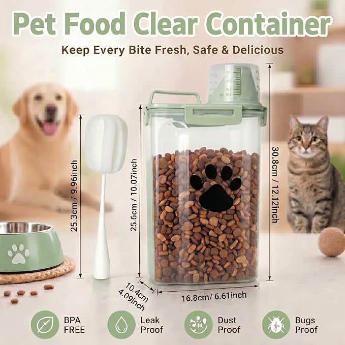 Dog Storage Container with cleaning brush with Measuring Cup | Airtight Portable Pet Food Containers with Upgraded Large Spout and Cup for Dogs,Cats,Birds,Small Animals（Green）