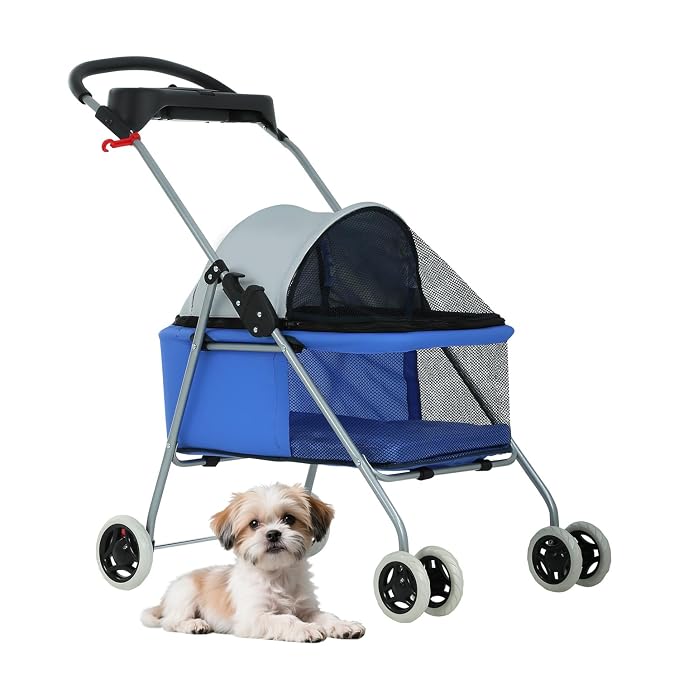 BestPet Foldable Pet Stroller for Small/Medium Dogs and Cats Up to 33 lbs | 4-Wheel Stroller Pet Strolling Cart w/ Breathable Mesh, Lockable Rear Wheels, Cup Holder/Tray & Storage Box for All-Season