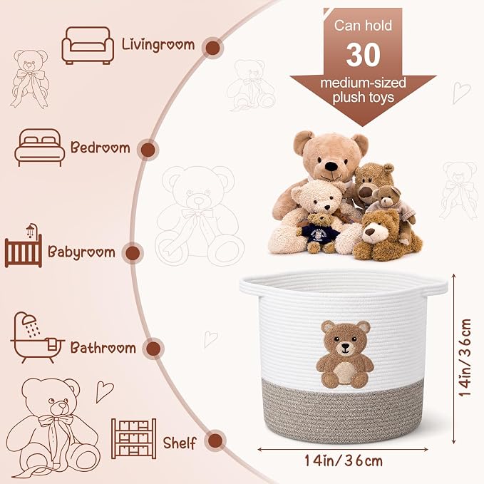 LemonRoad Teddy Bear Basket 14"x14", Baby Laundry Basket with Handles | Bear Hamper, Baby Storage Basket, Toy Organizer for Nursery, Woven Cotton Rope Blankets, Stuffed Animals Clothes for Kid Room