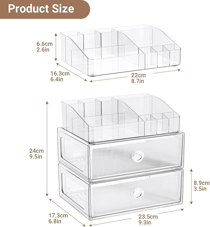 3 Tier Clear Makeup Organizer with Drawer, PET Cosmetic Storage for Dresser, Countertop & Bathroom Vanity, Holders for Lipstick, Brushes, Skincare & Beauty Supplies
