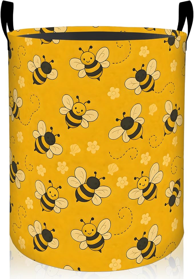 Cute Bee Laundry Basket, Adorable Bumblebee Floral Oxford Cloth Dirty Clothes Collapsible Hamper for Room Decor, Cartoon Gifts, Toy Organizer 19.7 x 15.7 Inches for Bedroom Bathroom Dorm