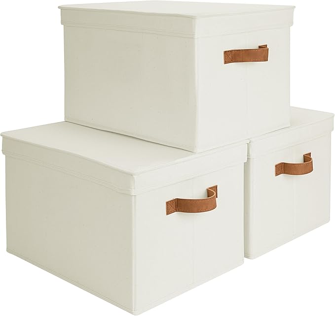 StorageWorks Fabric Storage Bins with Lids, Closet Storage Bins | Lidded Dust-proof, Easy Pull Handles, Foldable, Stackable, Ideal for Clothes Blanket Towel, Jumbo, Ivory, 3-Pack