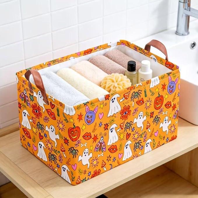 NTAO Gift Storage Basket Empty for Halloween, Storage Bin with Handles, Room Decor, Book Box(Cartoon Halloween)