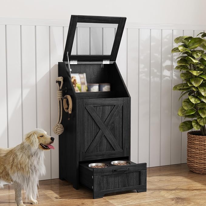 Pet Feeding Station with Storage Cabinet & 2 Elevated Bowls,Hooks,Black | Flip-top Sealed Food Bin.Pull-out Bowl Drawer with Wheels.3 Side Hooks+Internal Shelf for Cans.Anti-tip Device.For Dogs/Cats.