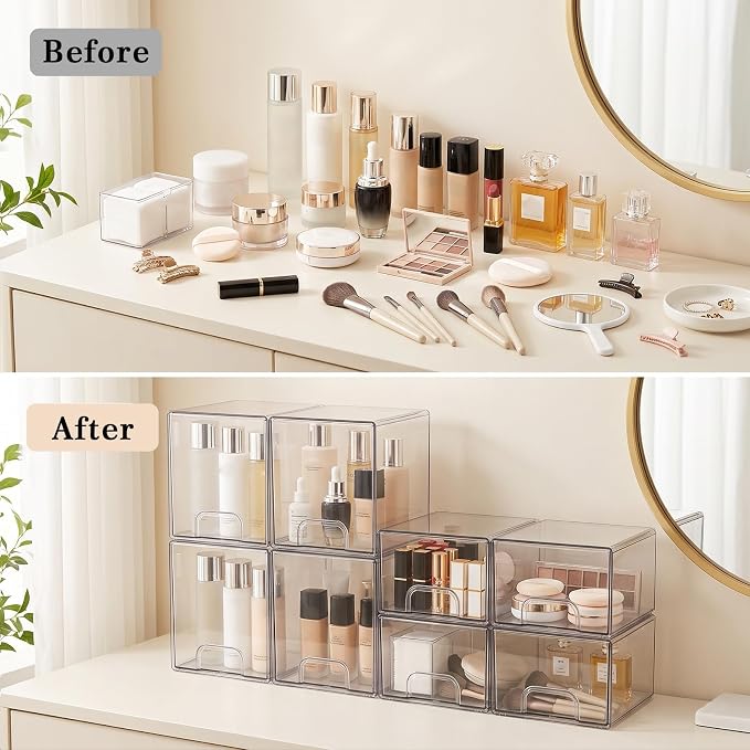 Clear Stackable Storage Drawers: Acrylic Organizer Bins 8 Pack | for Baby Bottle makeup Ideal for Countertop, Vanity, Station, Bathroom, Kichen Cabinet Pantry Organization