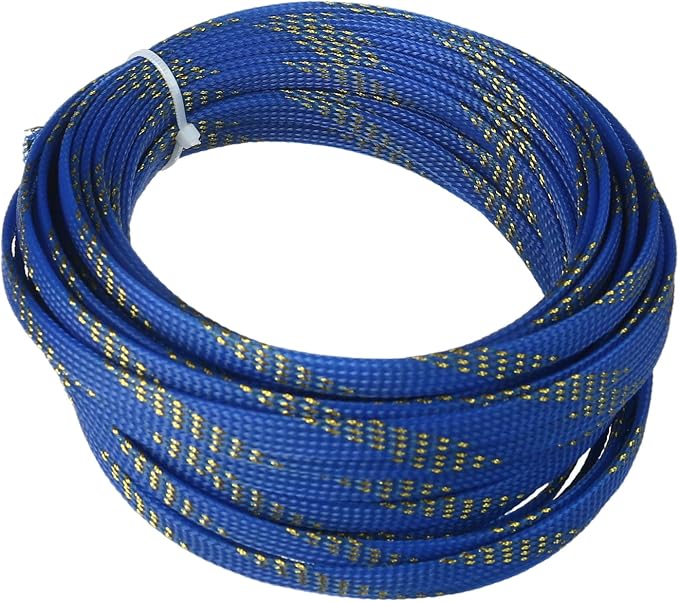 Jutagoss PET Expandable Braided Cable Sleeve, 32.8ft - 5/16 inch Blue Gold Cable Management Sleeve, Wire Loom Tube Cord Protector for USB Cable, Power Cord, Audio Video and More, 1Pc