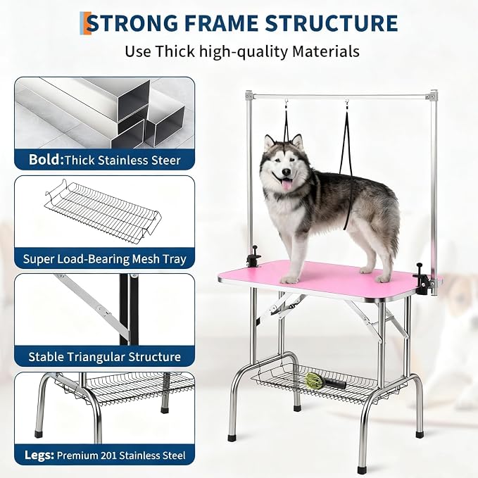 GarveeTech Dog Grooming Table, 36 Inch Pet Grooming Station w/Arm & Noose | Adjustable Height, Foldable Design, Non-Slip Surface & Mesh Tray, Holds Up to 330Lbs for Cat/Dog Trimming Drying, Pink