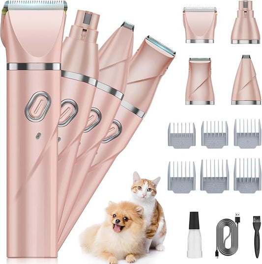 QREEYX Upgrade Dog Grooming Kit, Cordless Dog Paw Trimmer, 4 in 1 Low Noise Pets Hair Clipper Grooming Kit, 2-Speed Nail Grinder with Stainless Steel Blade for Small Pet with Thick Coats (Pink)
