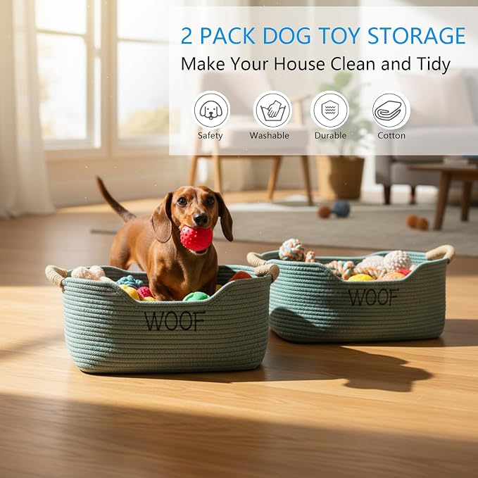 Morezi Dog toy basket 2 pieces woven dog toy bin low in front organizer storage collecting puppy combs shampoo brushes towel grooming stuff in bathroom playroom closet Green