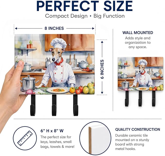 Caroline's Treasures Whippet The Chef Leash or Key Holder Wall Hooks, Key Hooks Holder, Coat Rack Wall Mount, Coat Hooks, Hooks for Hanging Keys, Towels, Aprons, Leashes | Whippet The Chef artwork on ceramic tile with three steel hooks for keys, leashe...