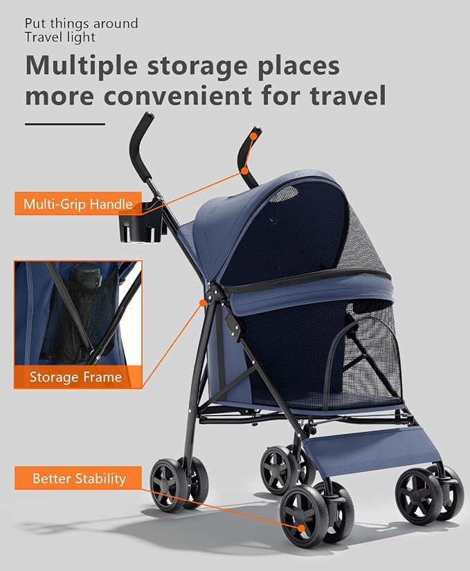 OS MOTOR 4 Wheels Pet Stroller for Small Medium Pets, Navy Blue | Foldable Carrier Jogger, Rear Wheel Breaks, Storage Basket, Visible Mesh Weather Cover, Portable, Dog, Cat, Puppy, Kitty