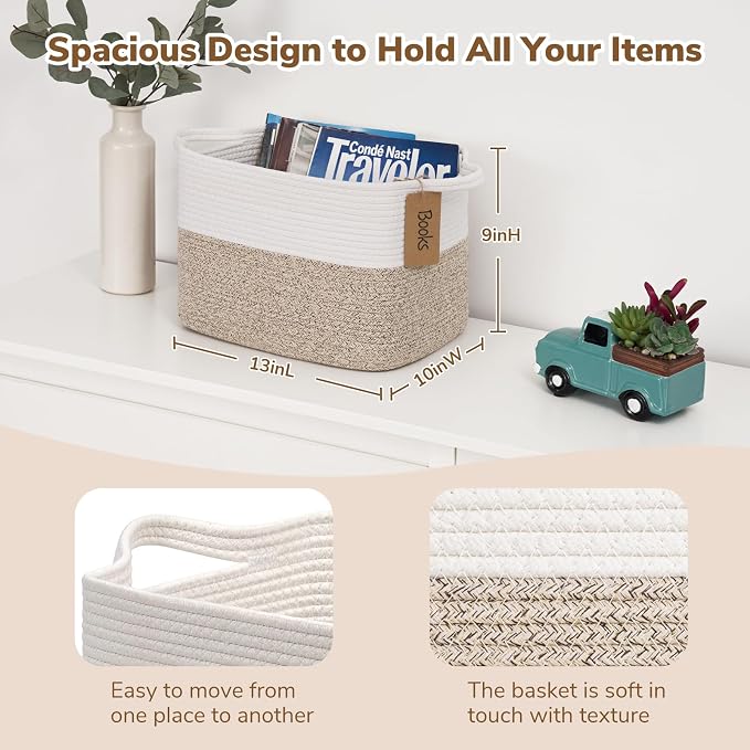Goodpick Woven Rope Storage Basket for Shelves, Rectangle, Light Brown | 13" × 10" × 9" Stylish Gift Basket for Home Organization, Fits Dog Toys, Books & Nursery Essentials Storage, Writable Label