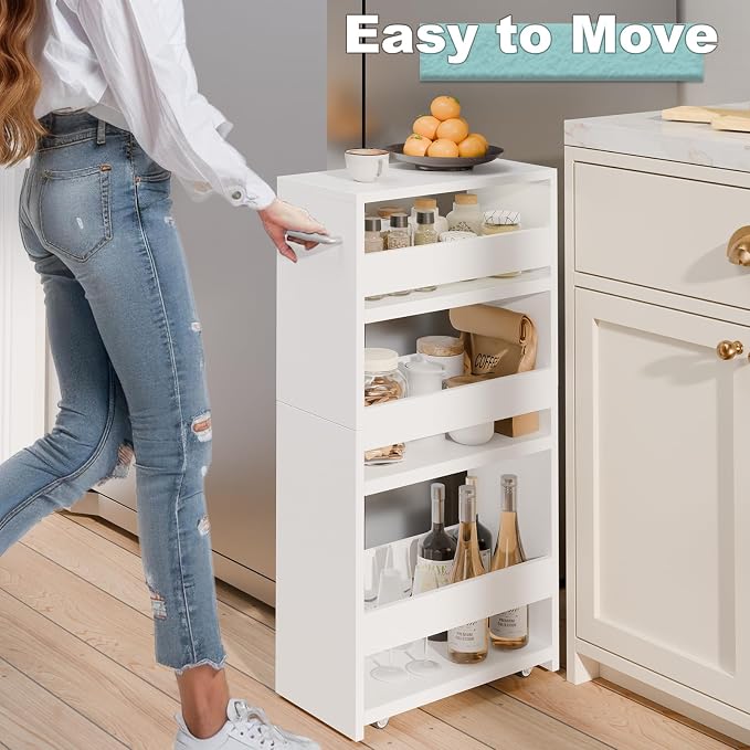 MARTY Slim Rolling Storage Cart, Wood Utility Kitchen Bathroom Laundry Cart | 4 Tier Kitchen Cart with Wheels Handle, Laundry Room Organization Between Washer and Dryer, Narrow Storage Cabinet, 8” Wide