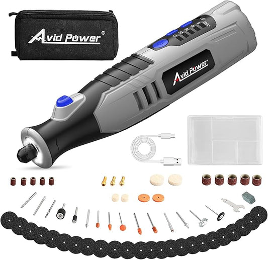 AVID POWER Cordless Rotary Tool 2.0 Ah 8V Rechargeable Rotary Tool, 4 Front LED Lights, 5 Speeds, 60 Pcs Rotary Accessories with Bag for Carving, Engraving, Sandng, Polishing and Cutting - Grey