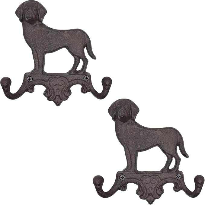 Cast Iron Dog Wall Hooks for Hanging, Heavy Duty Dog Leash Holder for Wall Mount Coat Hooks Decorative Key Hanger Vintage Farmhouse Entryway Cute Animal Decor Rustic Brown 2 Pack