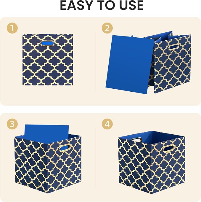 11x11x11 Storage Cube Bins, Collapsible Storage Bins Fabric Storage Cubes | Organizer Baskets Box Drawers for Shelves, Closet, Wardrobe, Bookshelf, Cabinet Blue/Gold Lantern, 4 Pack