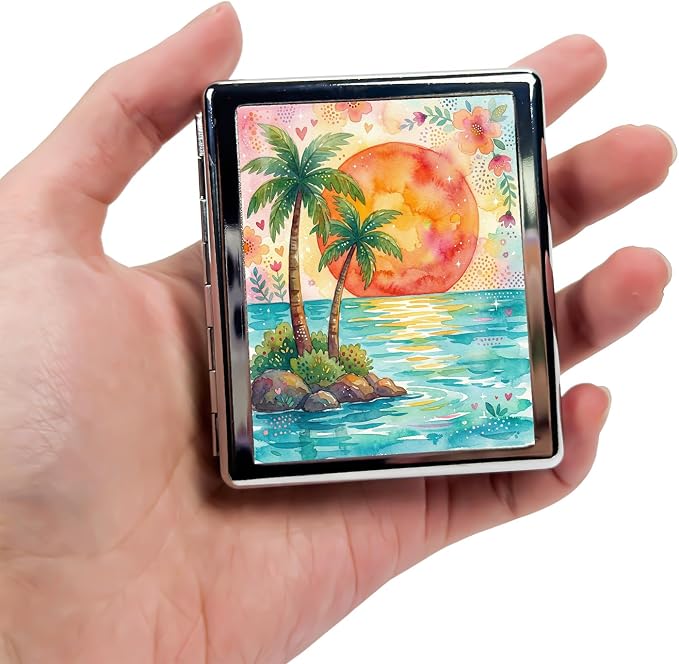 Weekly Pill Organizer, Metal Pill Box with 8 Compartments, Small Travel Pill Case for Purse Pocket, Medicine Vitamin Supplement Organizer (Sunset Palms)