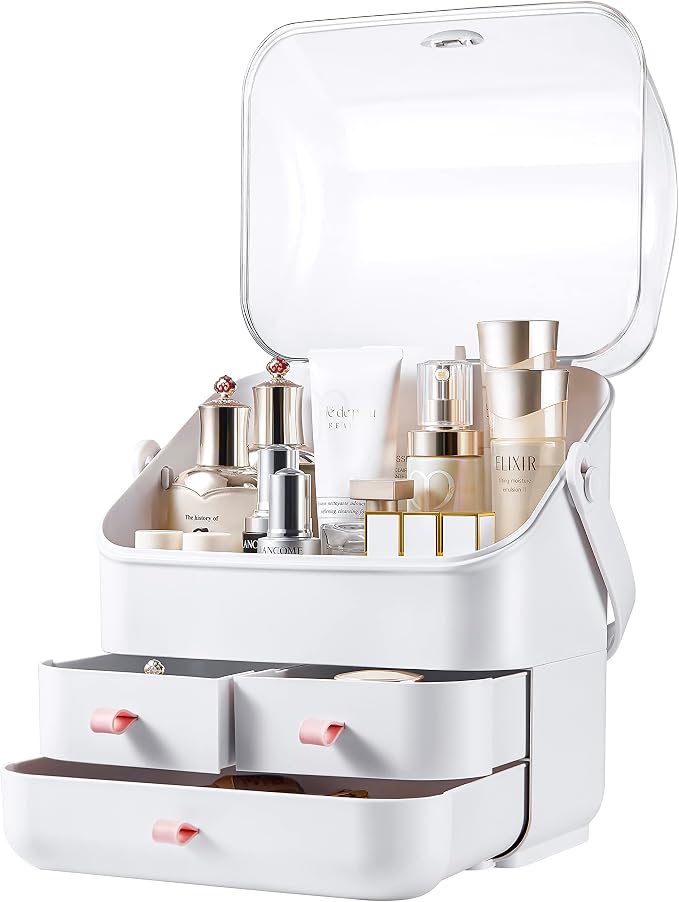 SUNFICON Makeup Organizer Cosmetic Organizer Makeup Storage Holder Box Crystal Clear Lid w Handheld 3 Drawers Dustproof Waterproof for Vanity Bathroom Countertop Birthday