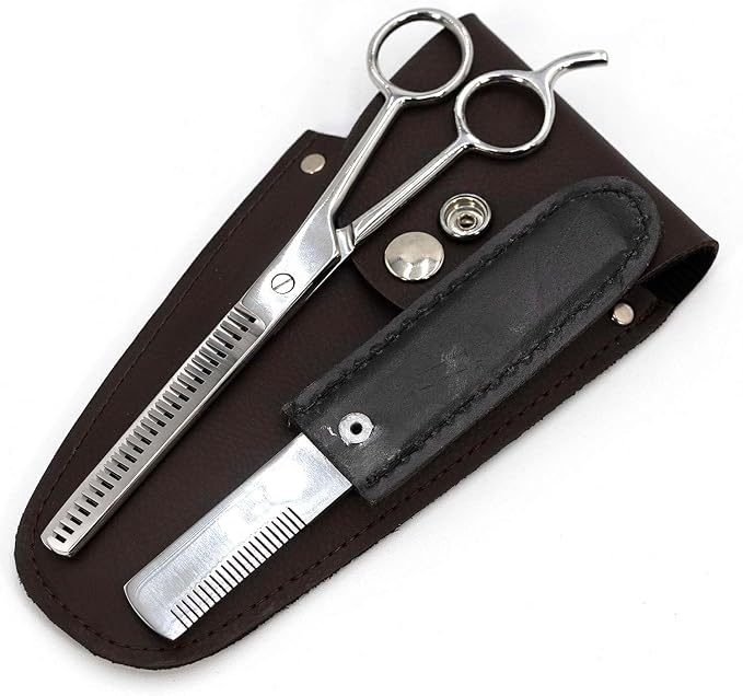 Jeffers Grooming Trim Kit 3 Piece Set - Stainless Steel Thinning Shears & Stripping Comb, Durable Leather Case With Belt Loop Flap, Portable Tools for Groomers, Farm Use or Routine Livestock