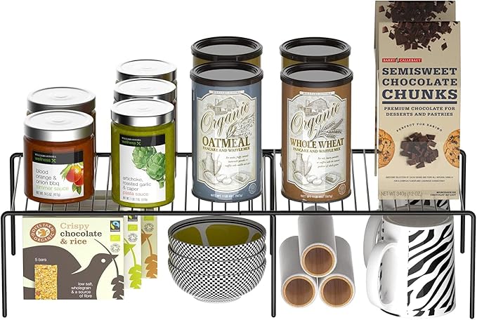 Kitchen Cabinet Expandable Shelf Organizers Set of 6, Adjustable Metal Wire Pantry Storage Shelves, Plate Dish Organizer Rack for Cabinets, Cupboard, Counter, Freezer, Countertop, Black