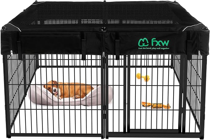 FXW Homeplus Indoor Dog Playpen with Mesh Top Cover, 32" H, 8 Panels | Calm Indoor Play Area, Cover Helps Deter Jump-Outs, for Small & Medium Dogs, Patented