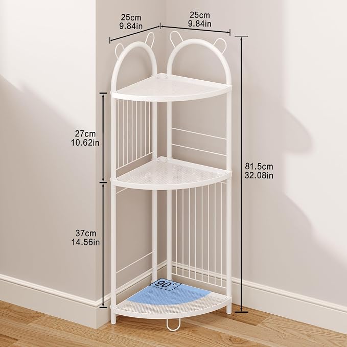 CICUFY Small Corner Shelf Metal Bathroom Corner Shelf 3 Tier Bathroom Stand Toilet Paper Storage Standing Shower Caddy Organizer Toilet Shelf Unit (White)