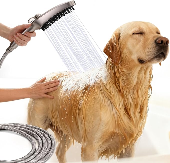 G-Promise 3 Mode Dog Shower Attachment with Pause Mode, Dog shower Sprayer with 159 Inches Stainless Steel Hose, Metal Diverter, Adhesive Holder, for Fast and Easy Dog Bathing and Cleaning