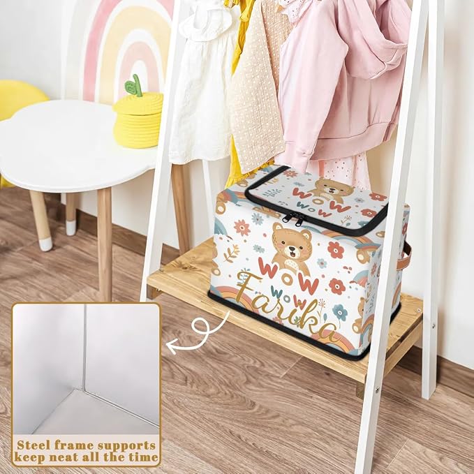 Custom Cute Bear Storage-Bin With Zipper Lid for Kids-Girls-Boys-Baby-Pet,Personalized Name Foldable Storage Box with Handle,Baby Basket With Label for Bedroom Nursery Toy Clothes,White