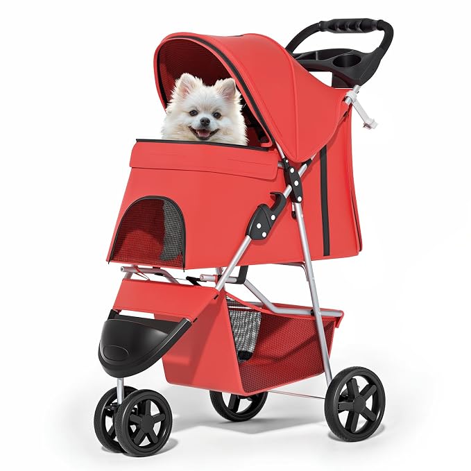 MoNiBloom Pet Stroller for Small/Medium Dogs and Cats up to 33 lbs, Red | Foldable Dog Stroller 3 Wheels Pet Strolling Cart w/ Storage Basket Cup Holder, Breathable and Visible Mesh for All-Season