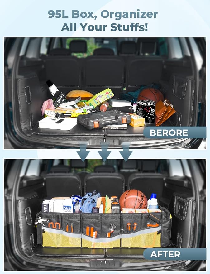 Oasser Trunk Organizer 95L with 20L Removable Cooler Bag for SUV | 4 Compartments, 9 Side Pockets, Foldable Lid, No Deformation, 1680D, Non Slip Bottom, 2 Straps, Reflective Strip