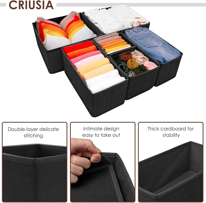 6 Pack Clothes Drawer Organizer Dividers, Fabric Foldable Closet Dresser Drawer Organizer for Clothing, Bra Sock Underwear Drawer Organizer for Nursery Bedroom Organization (6 Bins, Black)