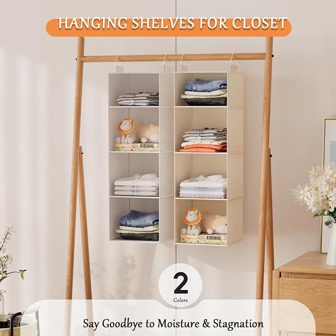 Hanging Closet Organizer and Storage with Bamboo Shelves - Foldable Storage for Clothes, Towels, Accessories | Space Saving, No Assembly Needed (Beige)