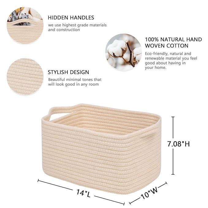 CubesLand Cube Storage Organizer Basket Bin, Cotton Rope Shelves Basket | Durable Woven Rectangular Shelf Basket for Organizing, Nursery Toys Basket, Beige Basket