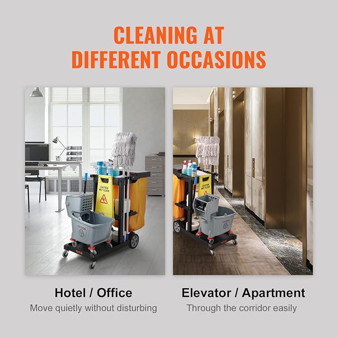 VEVOR Cleaning Cart, 3-Shelf Commercial Janitorial Cart, 200 lbs Capacity Plastic Housekeeping Cart, with 25 Gallon PVC Bag and Cover, 47 x 20 x 38.6in, Yellow&Black