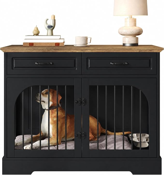Merax 43.3" Farmhouse Dog Crate Furniture with Rotating Bowls & Drawers – Wooden Indoor Pet Kennel Side Table with Metal Bars – Stylish Dog House for Medium to Large Breeds, Black & Brown