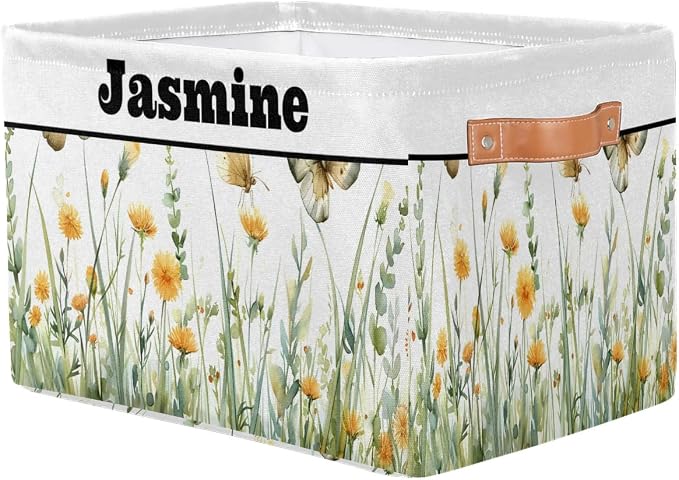 Personalized Foldable Spring Floral Storage Basket with Name for Boys, Laundry Hamper Dirty Clothes Pet Toys Storage Bin with Handles for Shelf Home Closet, Spring Wild Floral Butterfly Watercolor