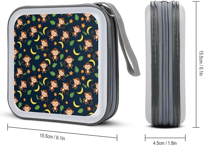 Hard Plastic CD/DVD Organizer Animal Print Monkey, 40-Disc Storage Binder with Zipper, Portable Protective Case for Car Office