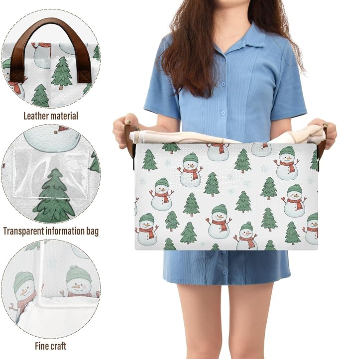 Cartoon Snowmen and Pine Tree Storage Basket Foldable Cube Storage Bins with Handles&Label Waterproof Organizer Box Bin Large Rectangle Decorative Baskets for Shelves Home Room Laundry, 2 Pack