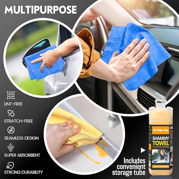 ARTIPOLY Premium Shammy Towel for Car Drying 2pk (26”x17”)-Super Absorbent Chamois Towel-Reusable shamies Towels for Cars, Bathroom,Pets, Dust Remove, No Spots/Streak/Scratch, Large, Yellow&Blue