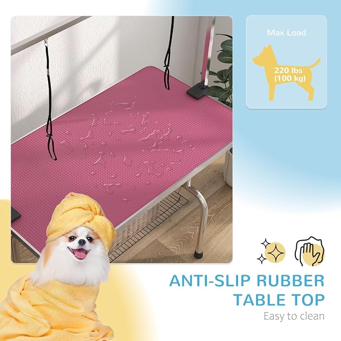 Pet Dog Grooming Table, Foldable Stainless Steel Pet Drying Grooming Table Up to 330lbs, Professional Bathing Desk for Dogs at Home with Adjustable Overhead Arms, Noose, Mesh Tray, 42''/Pink