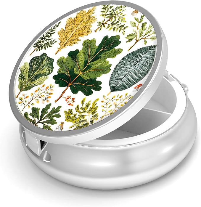 Pill Box-3 Compartment Small Pill Case for Purse & Pocket Mini Metal Pill Holder Travel Pill Container to Hold Supplements Vitamins BPA-Free (Leaves)