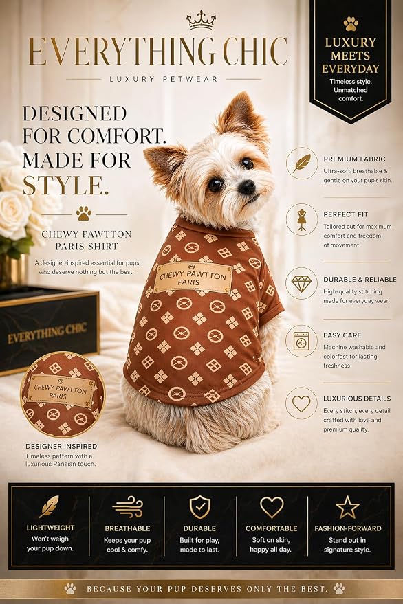 Luxury Designer Dog T Shirt – Trendy Puppy Clothes for Small Dogs, Fashion Pet Tee for French Bulldogs & Chihuahuas, Everything Chic Dog Apparel (ChewyPawttonTee, Large)