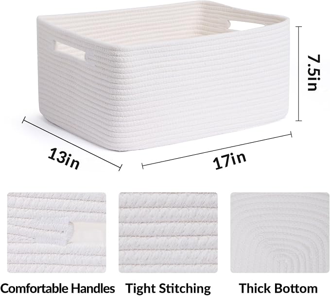 MiniArk Large Storage Baskets for Organizing, 17 x 13 x 7.5” Closet Shelf Baskets for Clothes Blanket Towels, Baby Nursery, Toy Bins Box, Woven Rope Baskets, 4 Packs Off White