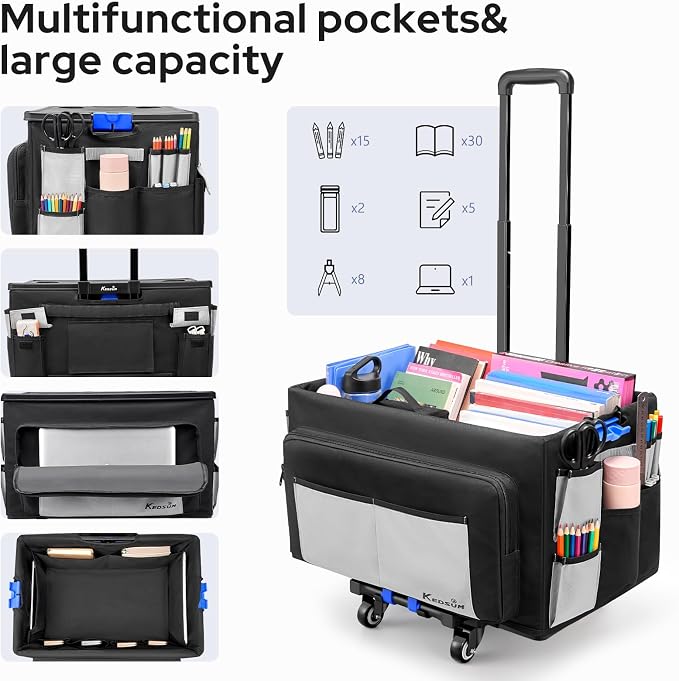 KEDSUM 2 in 1 Rolling Cart with Canvas Organizer Bag, 290LBS/70L Capacity Collapsible Teacher Rolling Cart with Lid for School, Craft, Office & Garden, Ideal for Teacher, Therapist & Crafter