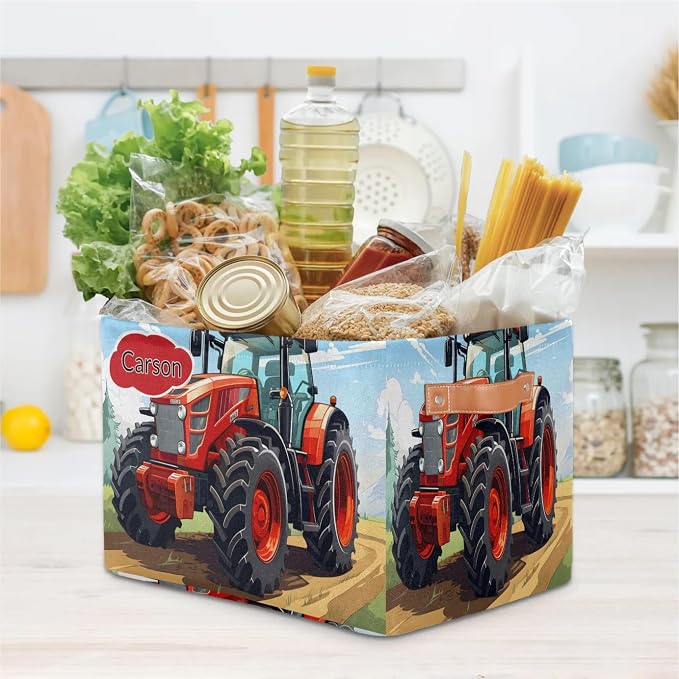 Personalized Name Storage Basket with Handles, Canvas Storage Bins Toys Clothes Organizer for Bedroom, Kitchen, Bathroom, Nursery, Shelves, Closets, Rural Farm Tractor
