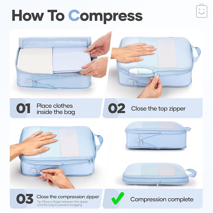 Veken 9/11 Set Compression Packing Cubes Garment Bags for Travel Essentials,Compressible Expandable Luggage Organizer Bags for Clothing,Space Saver Bags with Over 1000 pcs of Mesh Holes(Light Blue)