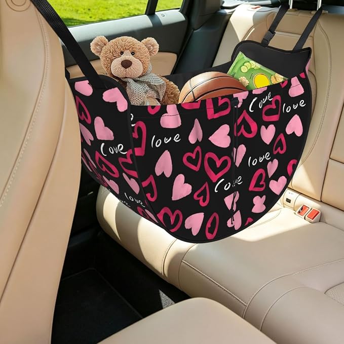 Modern Pink Love Hearts Car Seat Organizer Backseat Storage Bag, Large Waterproof Vehicle Organizer With Adjustable Straps For Gear Essentials, Fits Most Cars