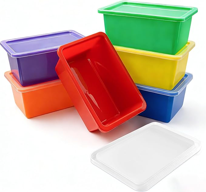 Nexboraque 6 Pack Colored Bins with Lids | 5 Qt Plastic Cubby Bins Storage Bins Stackable Toy Bins Organizer for Classroom, Home