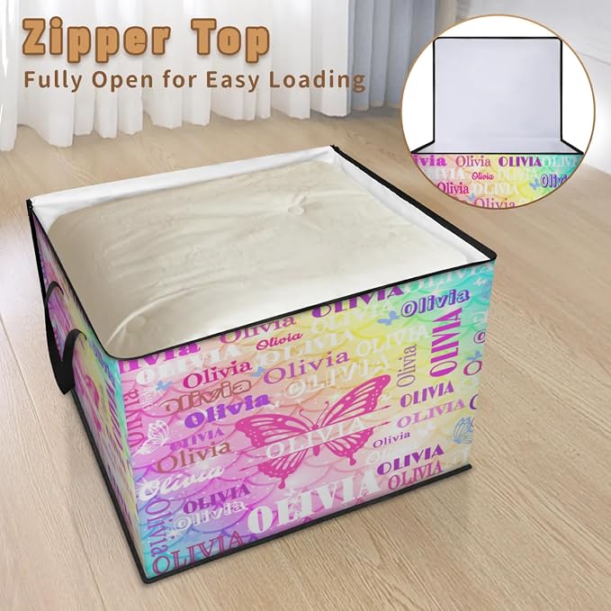 Personalized Large Storage Basket with Lid, Comforters, Bedding Storage Bin with Handles for Home, Collapsible Basket for Clothes, Moving, Car Trunk, Coolorful Pink Mermaid Scale with Butterfly