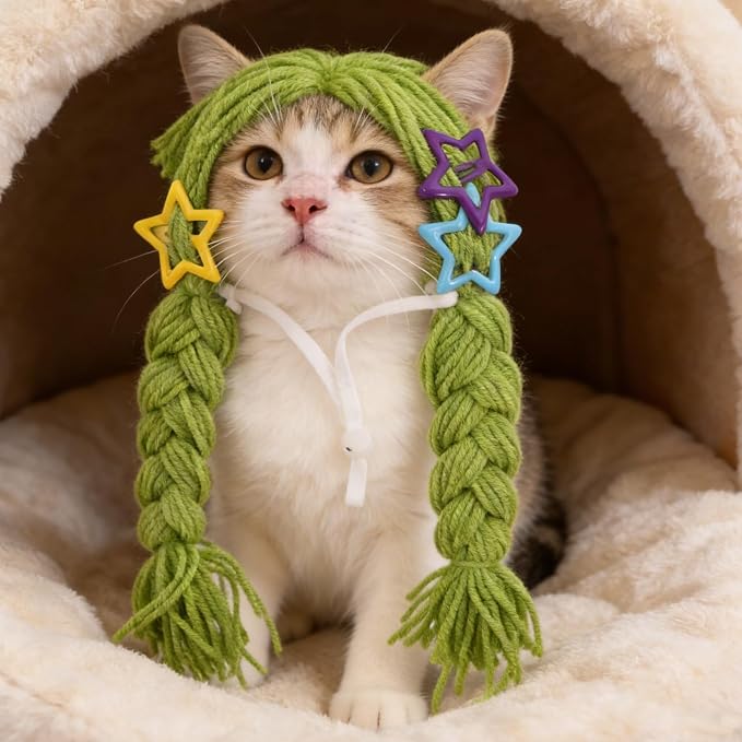 BETOOKY Reusable Green Yarn Cat Wig with Braided Pigtails, Lightweight and Nonirritating Pet Costume Wig Featuring Clip-on Fastener for Photoshoot and Holiday Celebrations